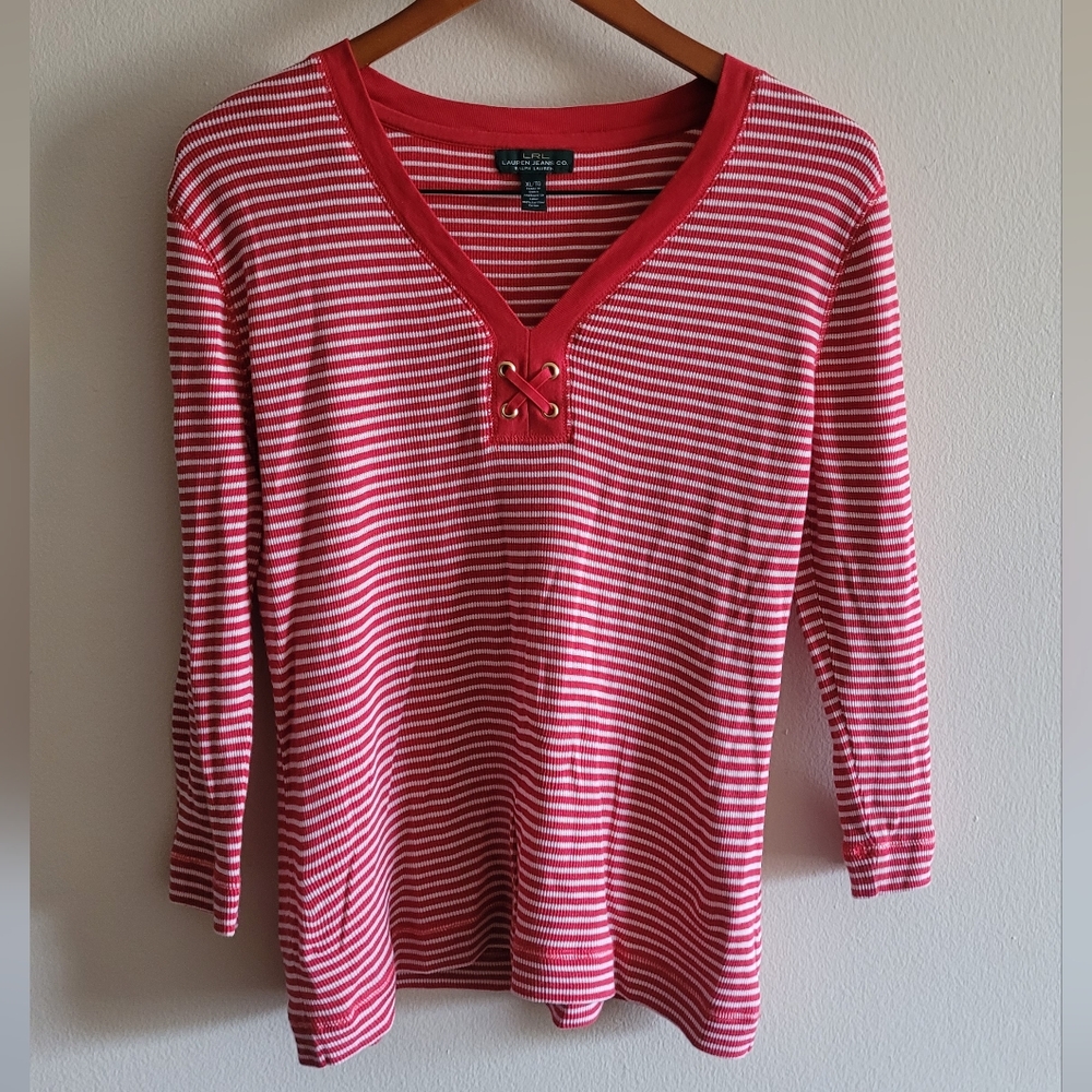 Ralph Lauren vneck top waffle knit nautical striped 3/4 sleeved Women's XL